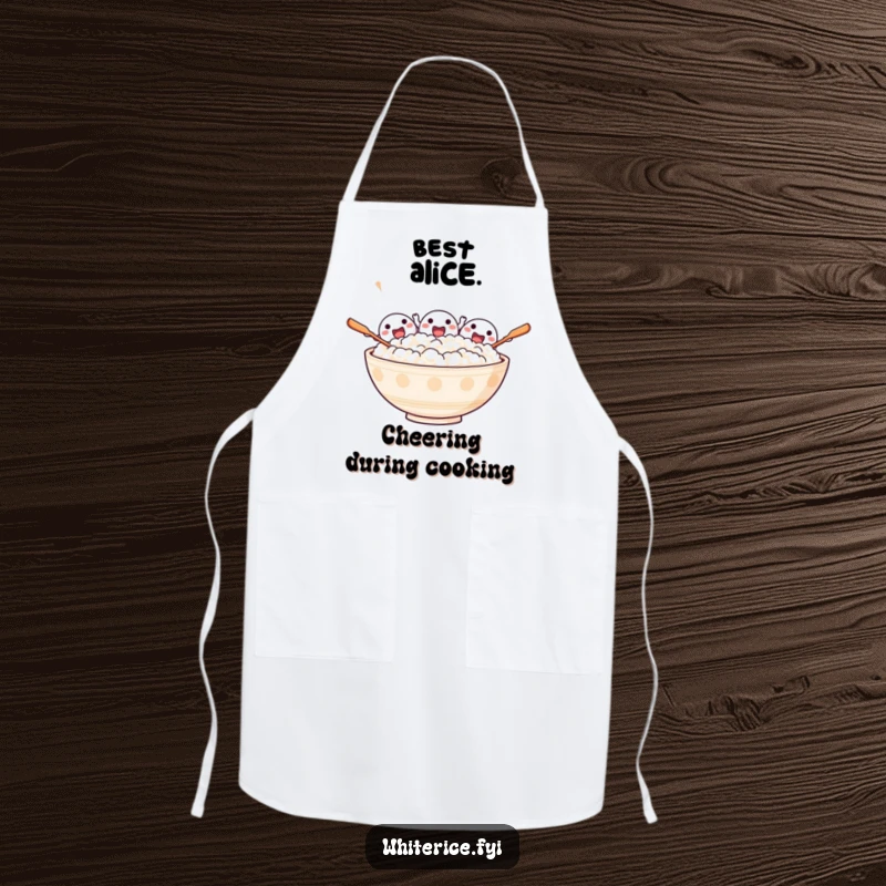 Funny apron showing an excited bowl of rice characters cheering with spoons, adding a festive touch to kitchen tasks.