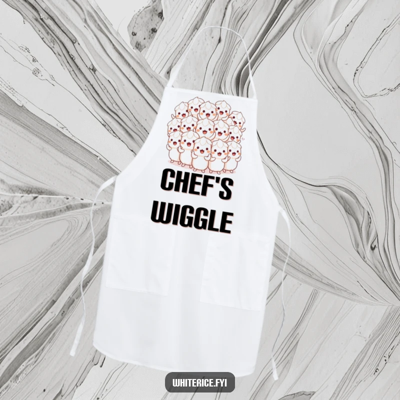 Funny apron depicting a playful pile of white rice characters doing a synchronized wiggle, ready to make meal prep amusing.