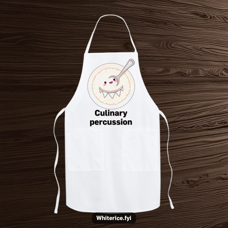 Funny white rice plate drum with tiny spoon apron, ready for kitchen performances with a humorous musical twist.