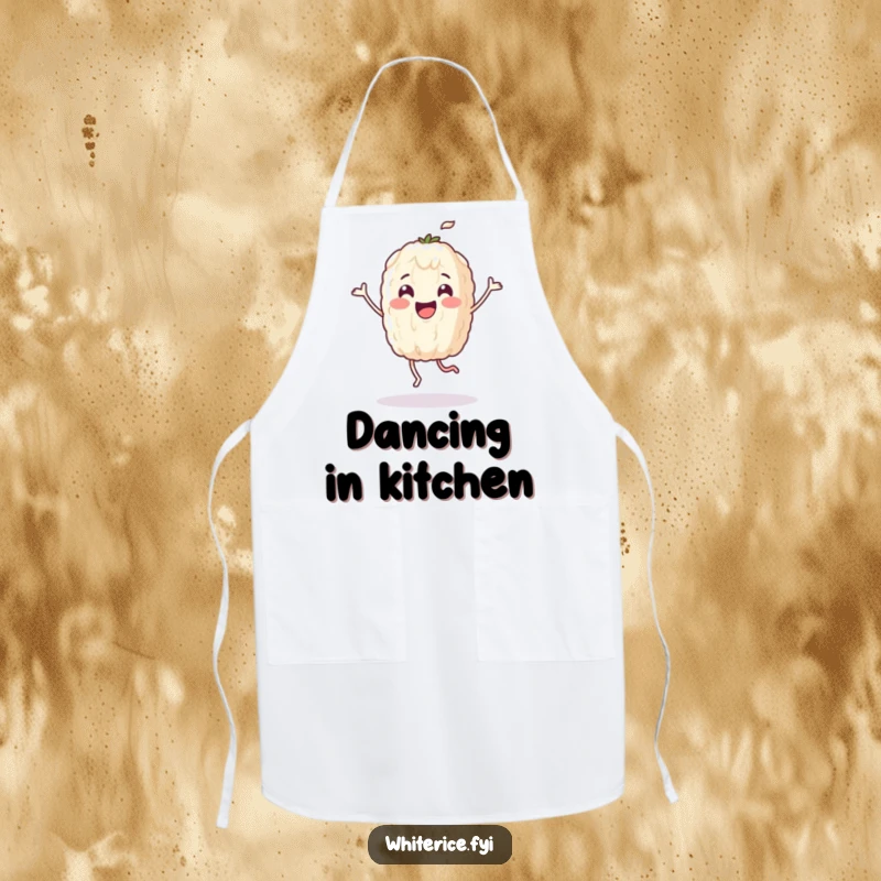 Funny apron featuring a happy rice grain character dancing energetically in the kitchen, bringing humor to cooking tasks.