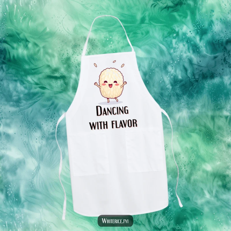 Funny apron showing a delighted grain of rice doing a victory dance, ideal for kitchen celebrations.