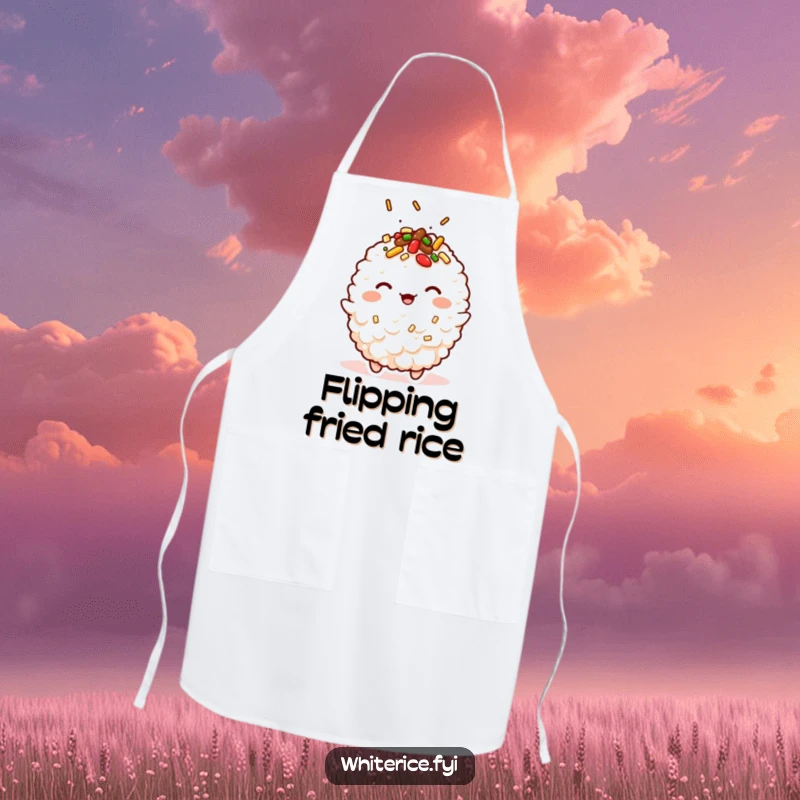Funny kawaii apron with a winking fried rice character, perfect for a playful cooking experience.