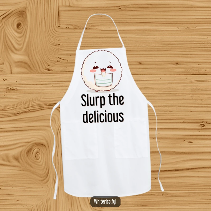 Funny apron showing a cute rice ball in a bib, happily slurping, ideal for kitchen fun.
