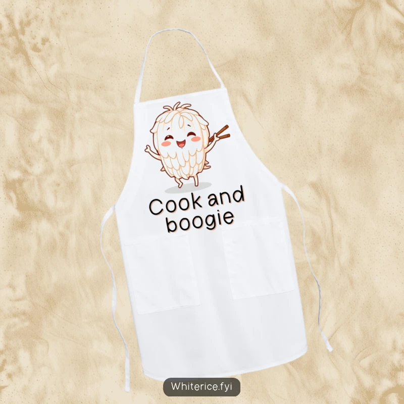 Funny apron showcasing a smiling rice character in a joyful dance, enthusiastically holding chopsticks, perfect for culinary fun.