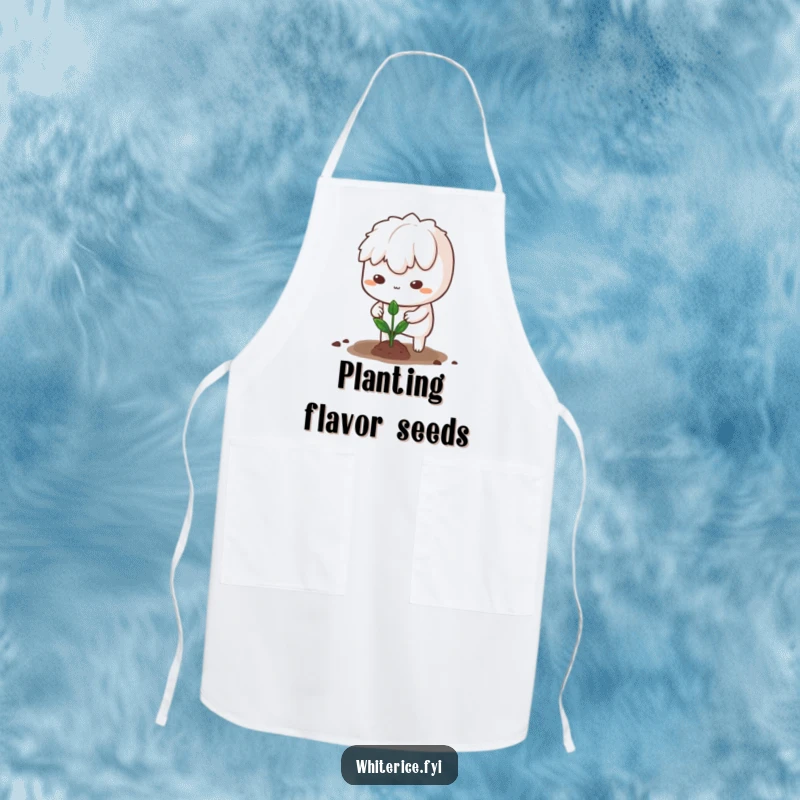Funny apron with a determined white rice character planting a sprout, blending kitchen duty with humor.