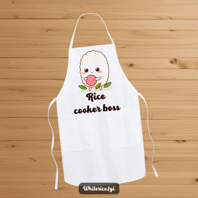 Funny Rice Apron: A determined grain of rice pushing a radish slice, ideal for protecting clothes during fun and purposeful kitchen sessions.