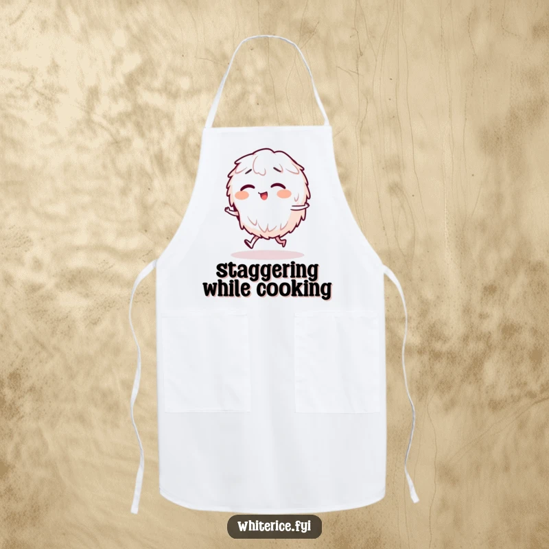 Funny apron showing a giggling rice character in a comical stagger, a humorous and practical kitchen essential.