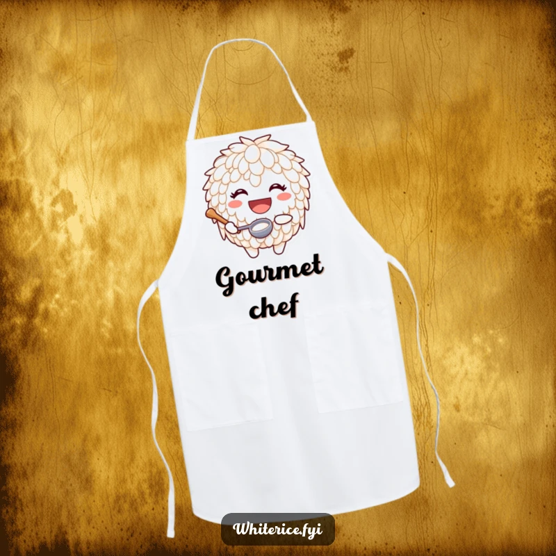 Funny apron showcasing a joyful rice character with a huge smile and a tiny ladle, perfect for happy cooking.