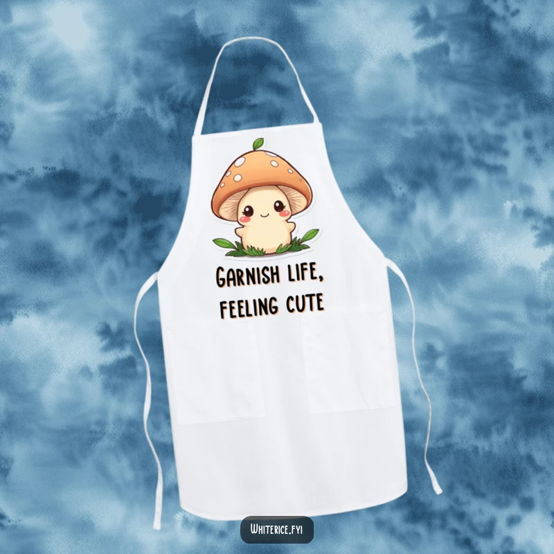 Funny apron with a shy brown mushroom character adding a food garnish, a charming and practical kitchen accessory.