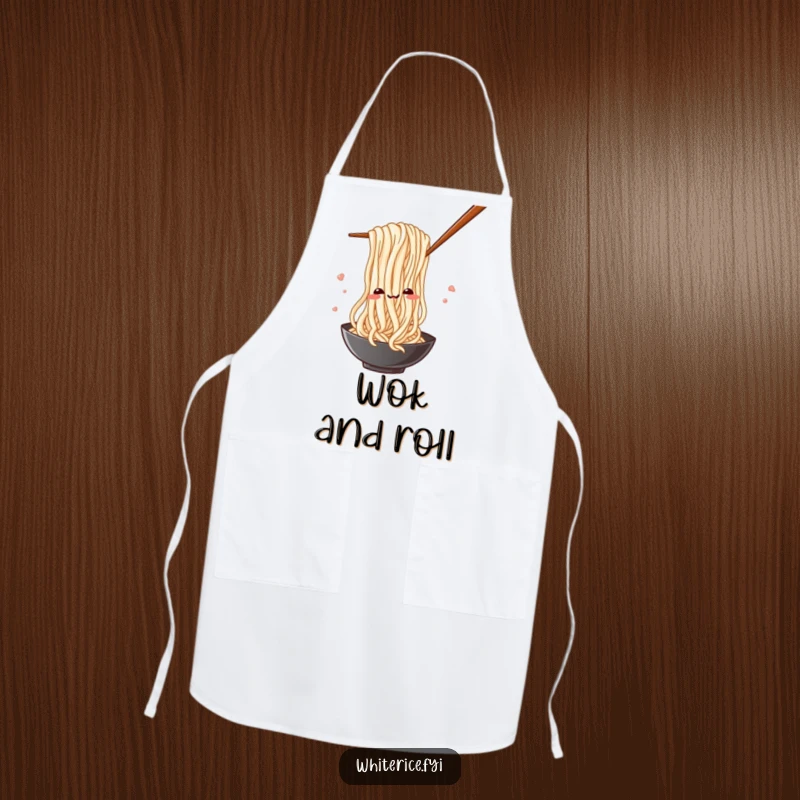 Funny apron depicting a silly rice noodle playfully weaving through chopsticks while cooking.