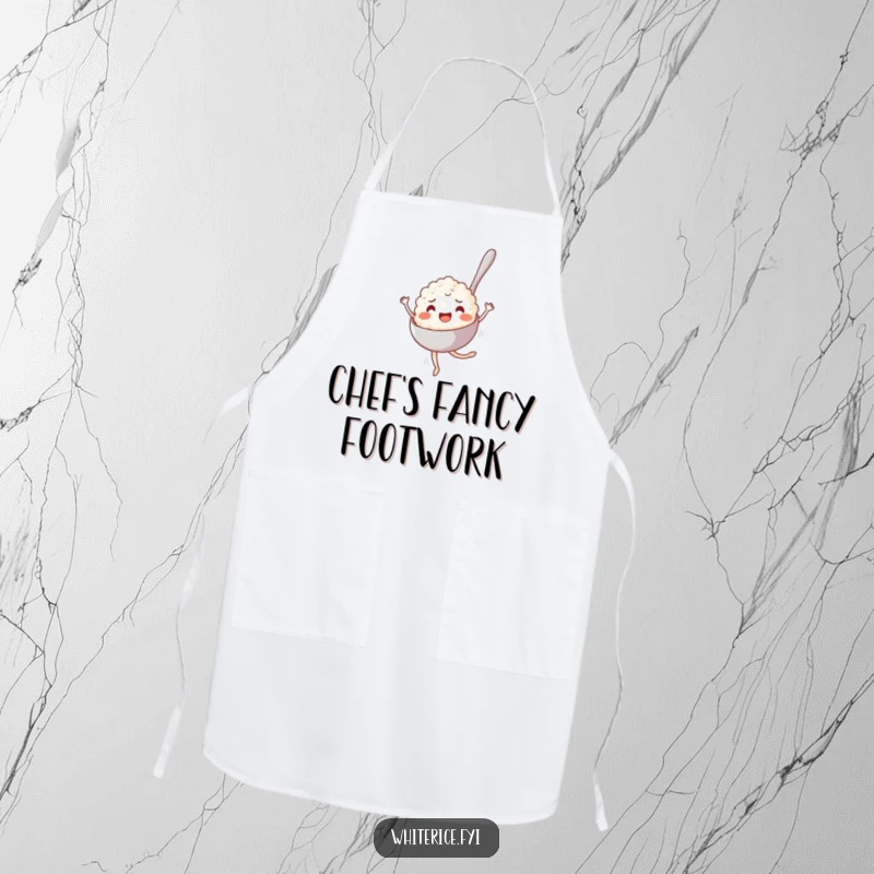 Funny Apron: A joyful spoonful of rice pirouetting while cooking, making kitchen duties a humorous ballet.