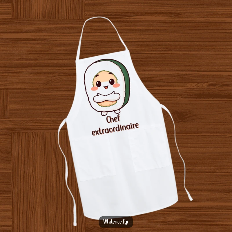 Funny Proud Sushi Apron showing a beaming Kawaii sushi roll character with crossed arms, perfect for cooking with confidence and delicious humor.