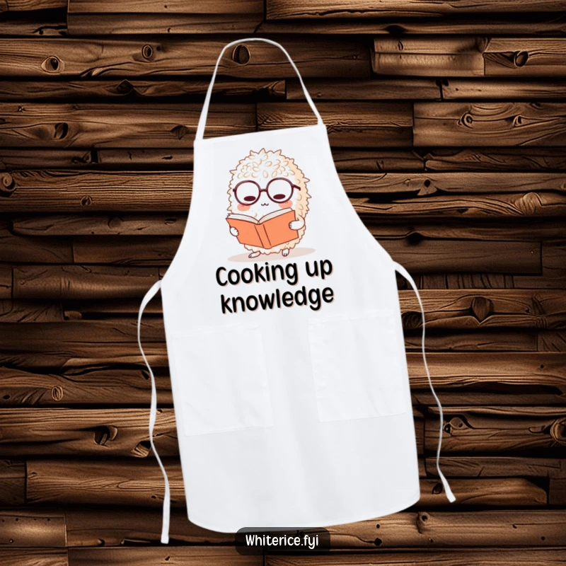 Funny rice apron shows a bewildered rice ball character in glasses reading a book, a humorous and practical kitchen accessory.