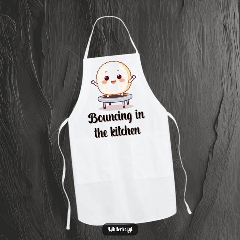 Funny apron showing a giggling rice cake bouncing like a mini trampoline, perfect for food prep fun.