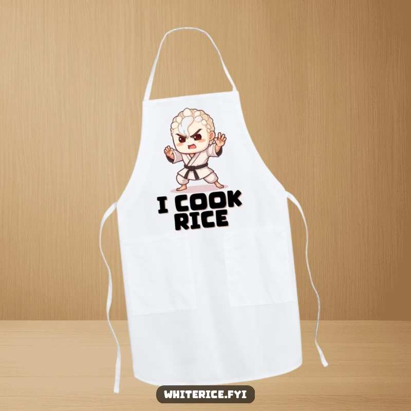 Funny apron with a delighted grain of rice in a martial arts pose, ready to protect the chef in style.