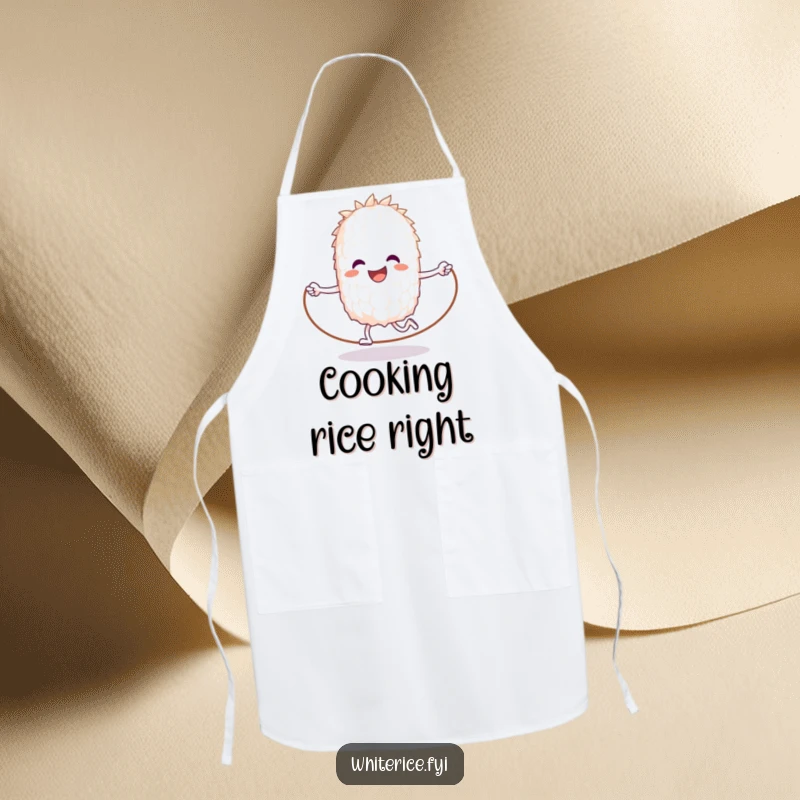 Funny apron showing a happy grain of white rice jumping rope with energy, for kitchen protection.