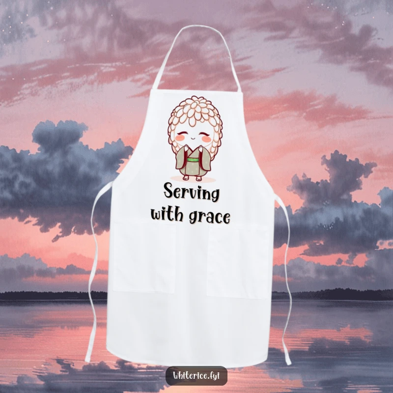 Funny apron with a smiling grain of rice in a tiny kimono, bowing. Perfect for a polite cook.