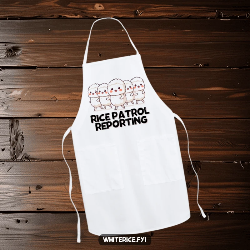 Funny apron showing a cheerful group of white rice characters marching in a neat line, for kitchen order.