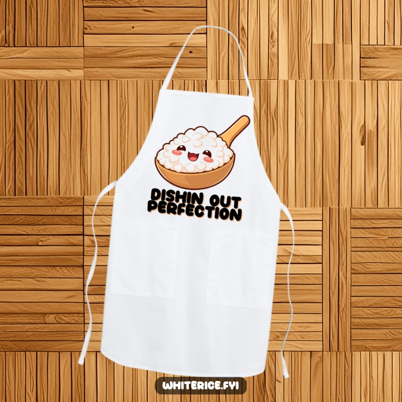 Funny apron featuring a cheerful rice paddle serving a perfect spoonful of fluffy rice, ideal for cooking.