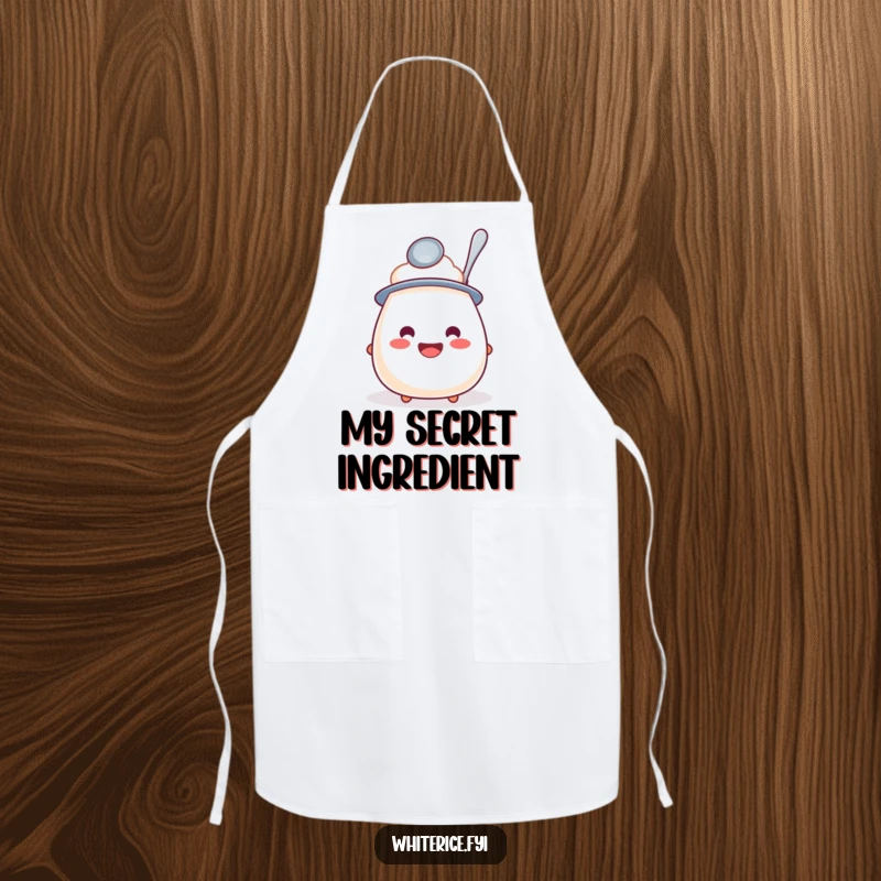 Funny apron showing a cheerful rice pudding wearing a tiny spoon hat, perfect for kitchen fun and messy eating.