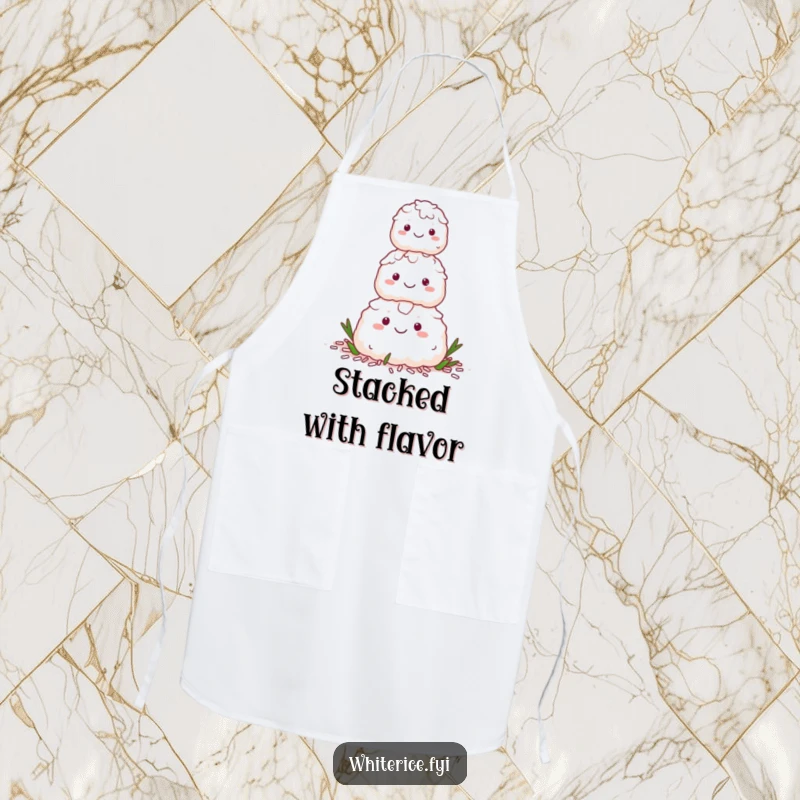 Funny apron with a happy stack of white rice characters forming a pyramid, blending kitchen duty with humor.