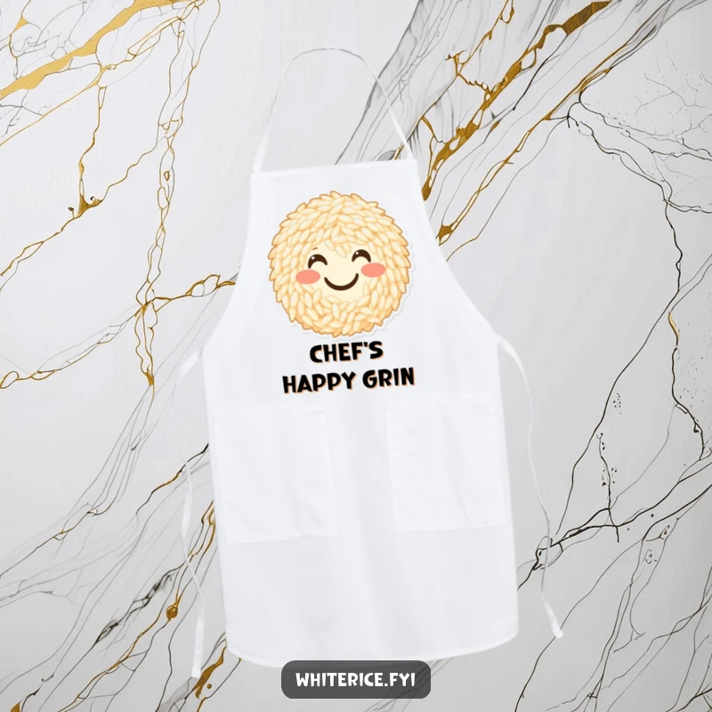 Funny apron with a cheerful bunch of rice grains forming a happy smiley face. Perfect for a happy cook.