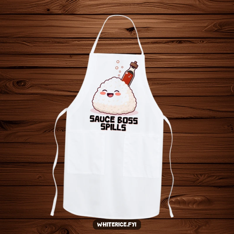 Funny apron with a giggling mound of rice laughing as a soy sauce bottle sprays. Ideal for a playful cook.