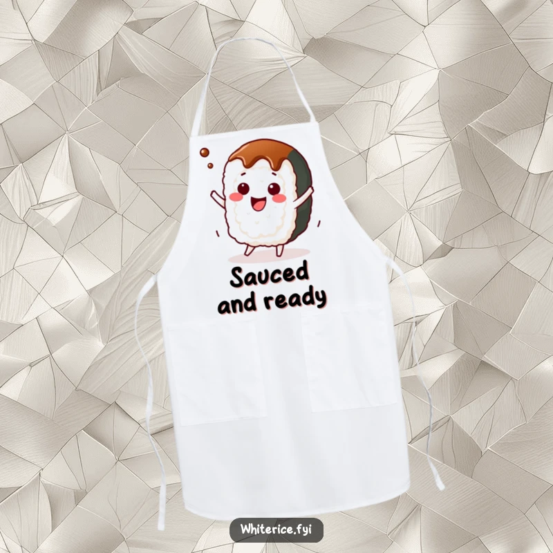 Funny kawaii sushi roll apron, character dancing with soy sauce, comical kitchen wear for chefs.