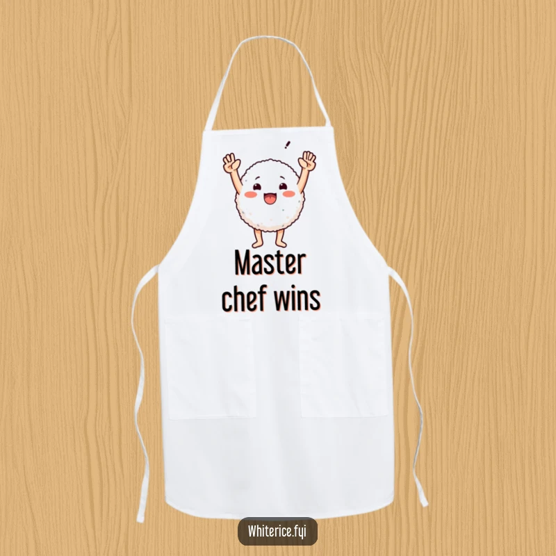 Funny apron featuring a round rice character victoriously raising its arms, ready to tackle any cooking challenge with humor.