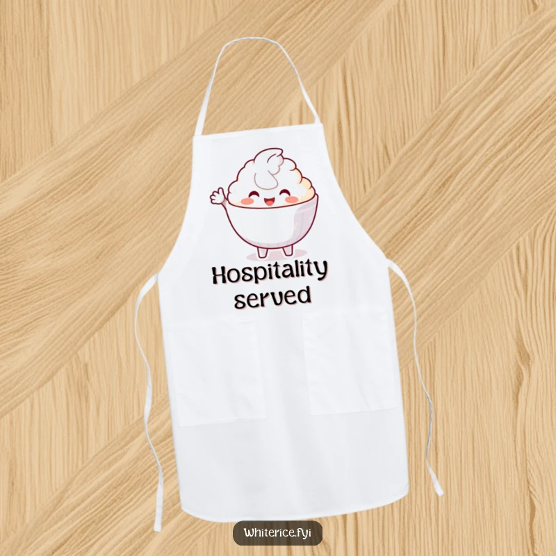 Funny apron showcasing a delighted white rice bowl character making a welcoming gesture, ready to add charm to cooking.