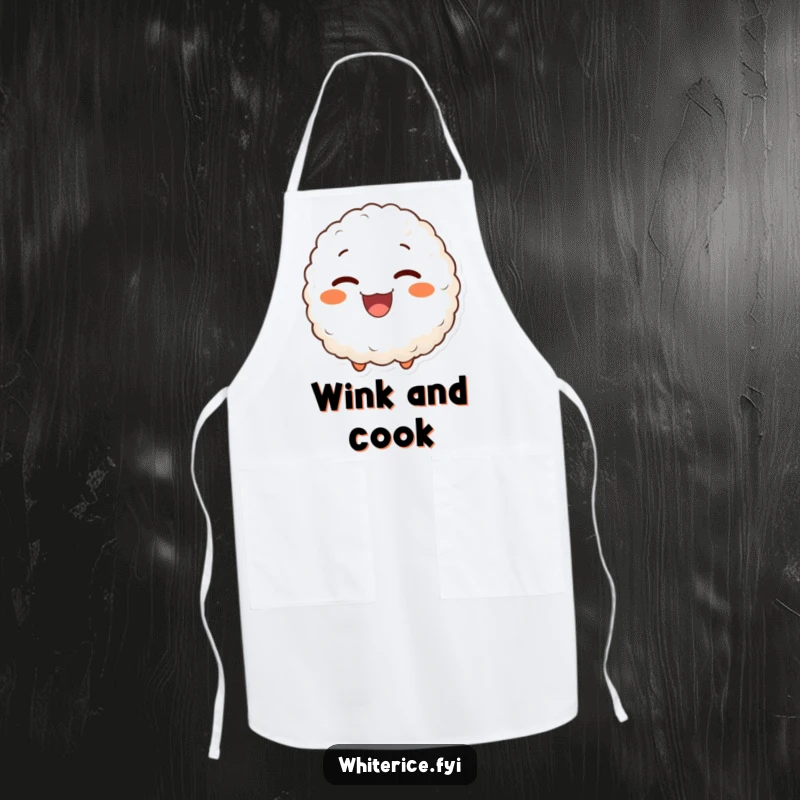 Funny apron showcasing a delighted rice ball character giving a charming wink, perfect for culinary fun and a touch of mischief.