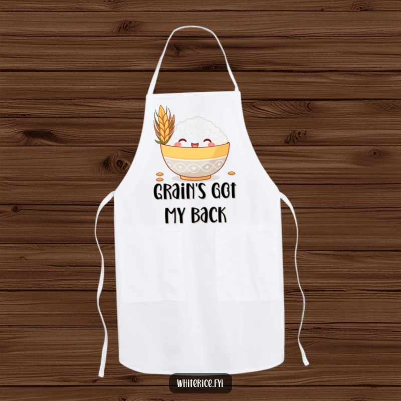 Funny apron with a cheerful rice bowl peeking from behind a massive grain, a humorous and practical kitchen essential.