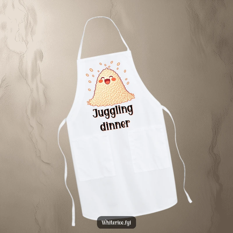 Funny juggling rice apron showing a joyful pile of rice playfully juggling small grains.