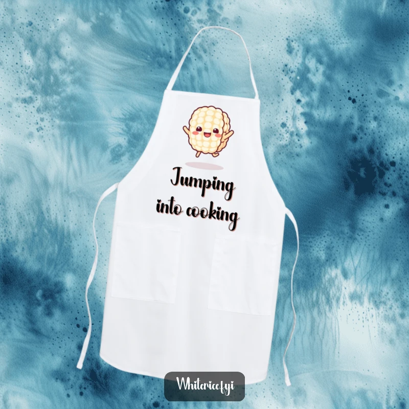 Funny Kawaii Rice Apron showing a cheerful rice grain character joyfully jumping, perfect for cooking with adorable energy and humor.