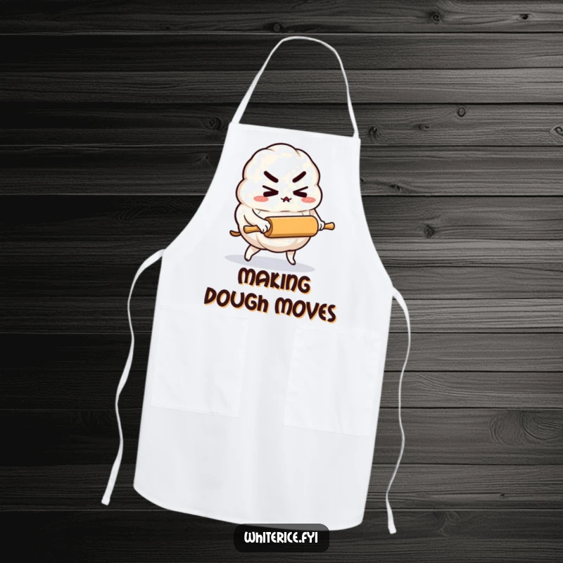 Funny apron with a determined rice dumpling character pushing a tiny rolling pin, ideal for focused kitchen efforts.