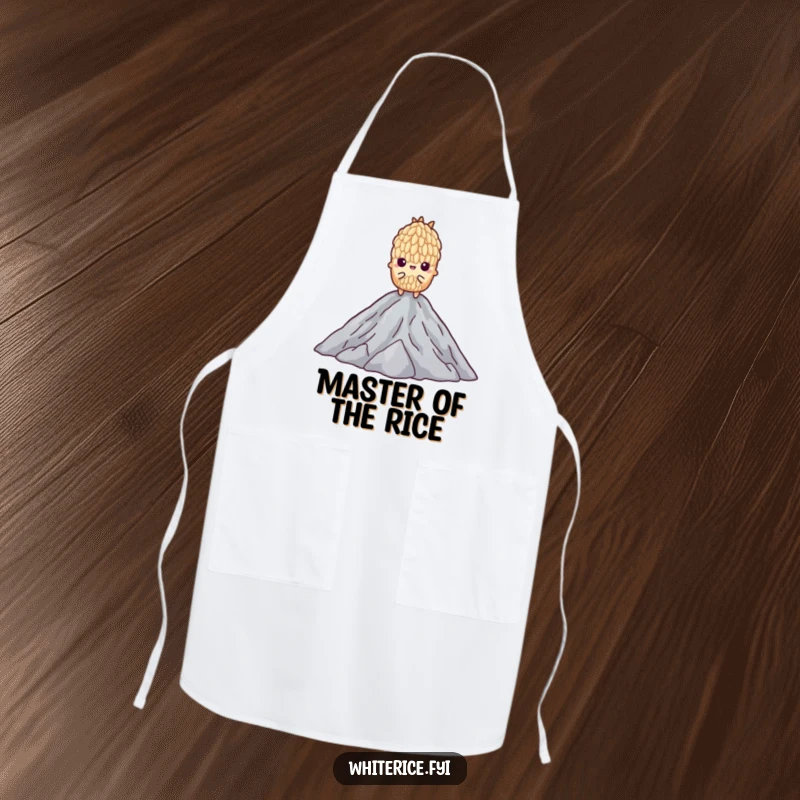 Funny apron showing a determined grain of rice standing tall on a mountain of others, perfect for the kitchen.