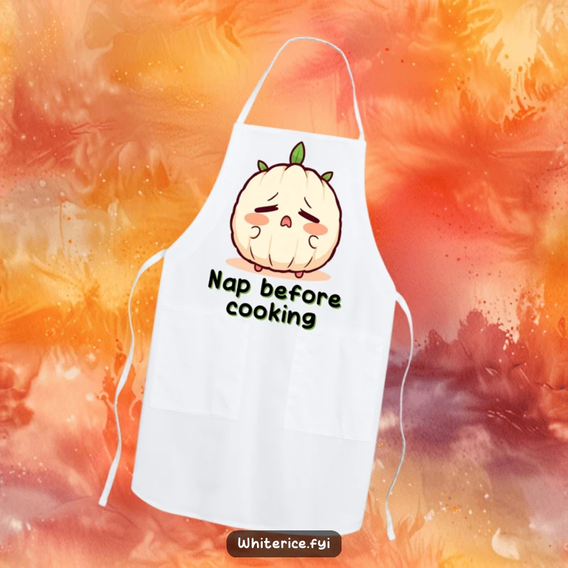 Funny apron depicting a sleepy rice grain character yawning, adorning kitchen wear with a humorous touch of exhaustion.