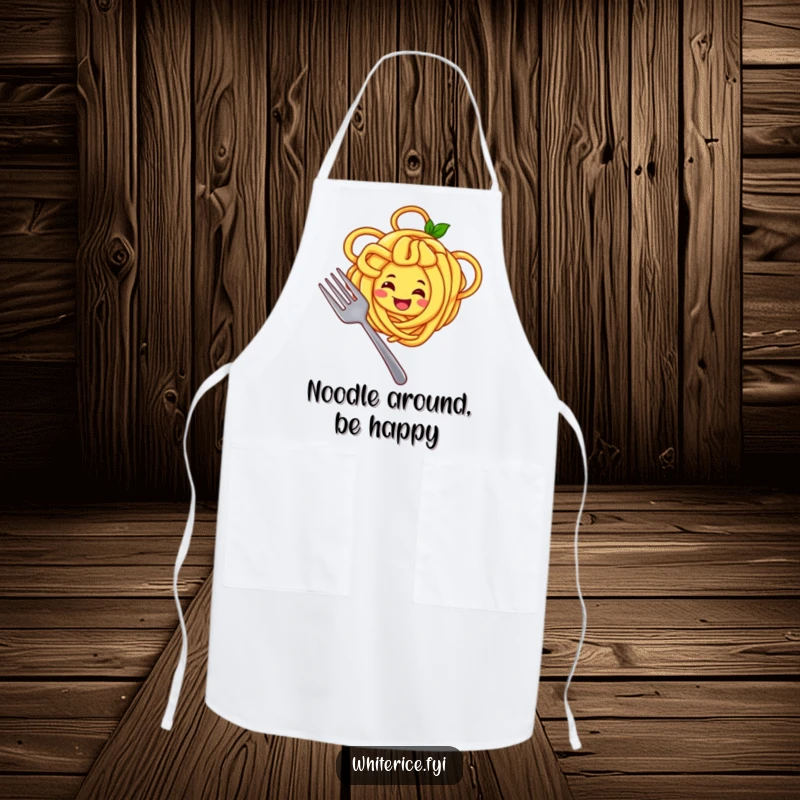 Funny apron with a joyful yellow noodle character twirling noodles around a fork, a fun and practical kitchen accessory.