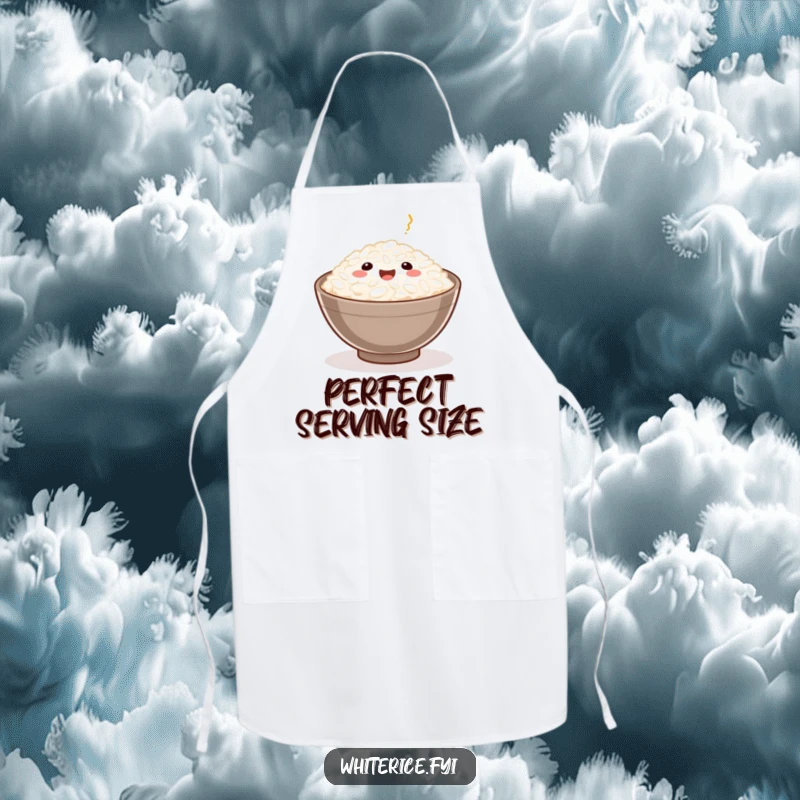 Funny Rice Grain Apron depicting a happy rice grain served in a small bowl, ideal for humorous cooking and meal service.