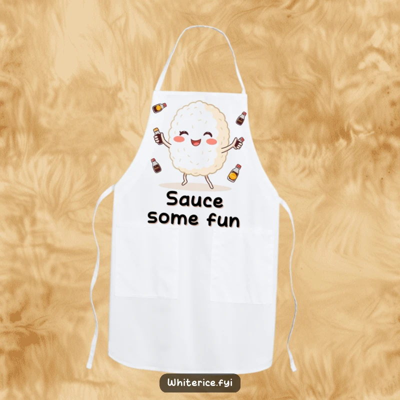 Funny apron showcasing a happy, plump white rice grain character skillfully juggling miniature soy sauce bottles, ideal for culinary fun.