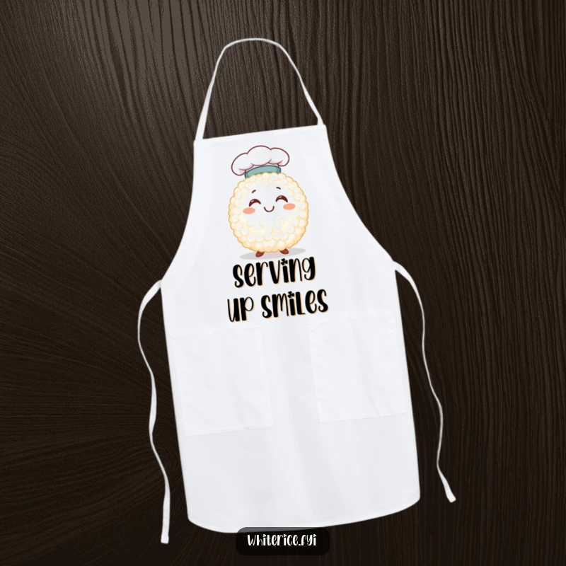 Funny smiling white rice grain character in a chef hat, featured on a kitchen apron, ready for delicious creations and culinary fun.