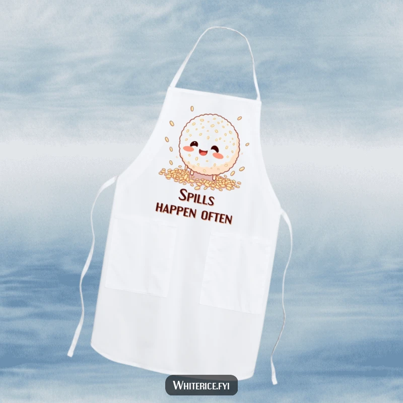 Funny apron with a happy rice ball character depicted in a clumsy attempt to catch falling grains, ideal for kitchen humor.