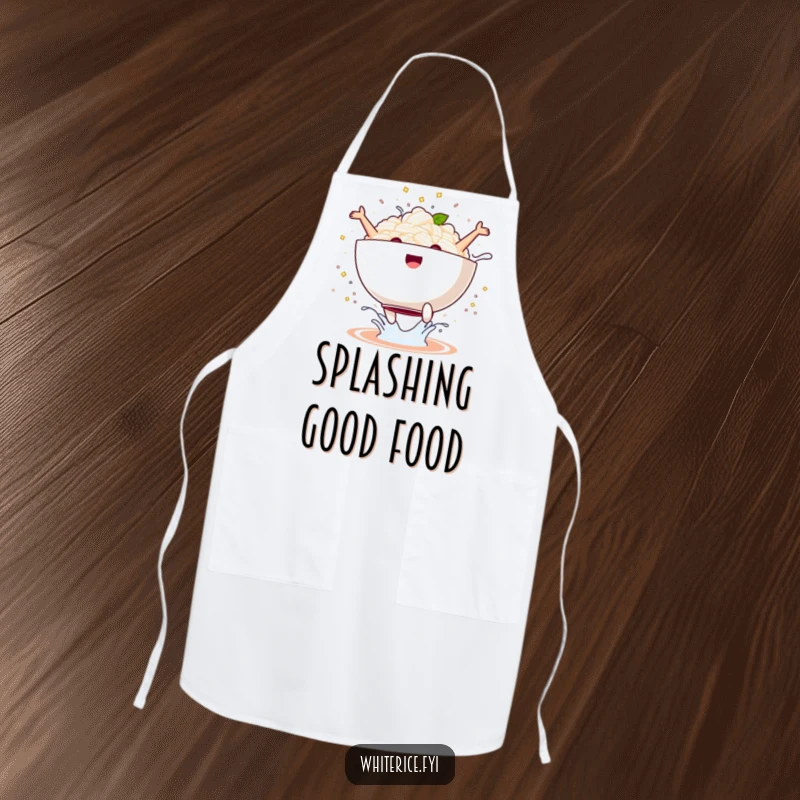 Funny kawaii rice bowl apron performing a joyful jump with a splash, energetic and hilarious kitchen wear, perfect funny gift.