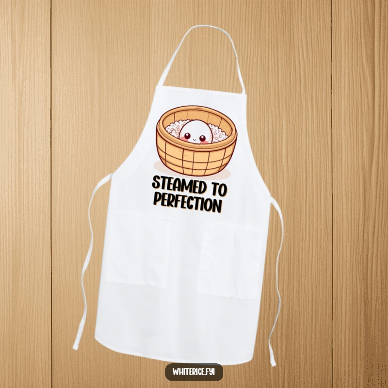 Funny curious rice grain apron, peeking from bamboo steamer, cute and practical kitchen accessory.