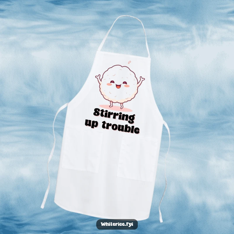 Funny apron with a happy glob of sticky white rice dancing cheerfully. Perfect for a joyful cook.