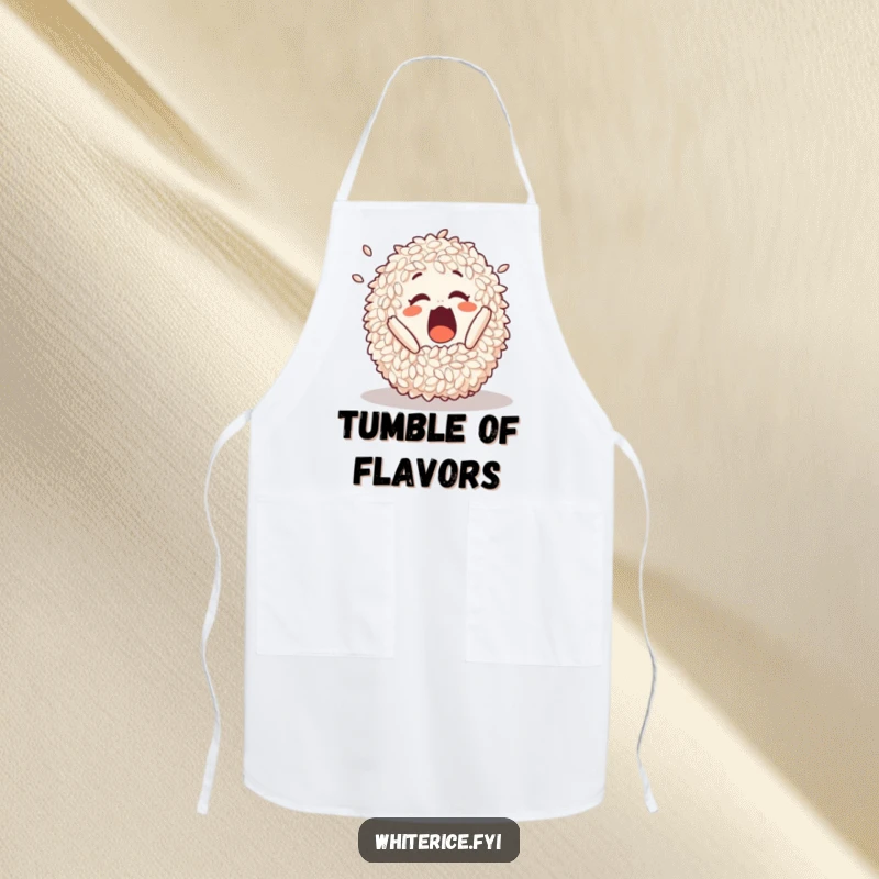 Funny apron showing a surprised pile of rice in a comical tumble, ideal for kitchen fun.