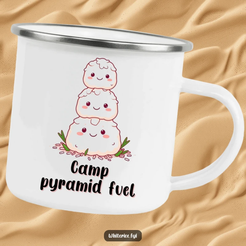 Funny camping mug with a happy stack of white rice characters forming a pyramid, for outdoor harmony and humor.