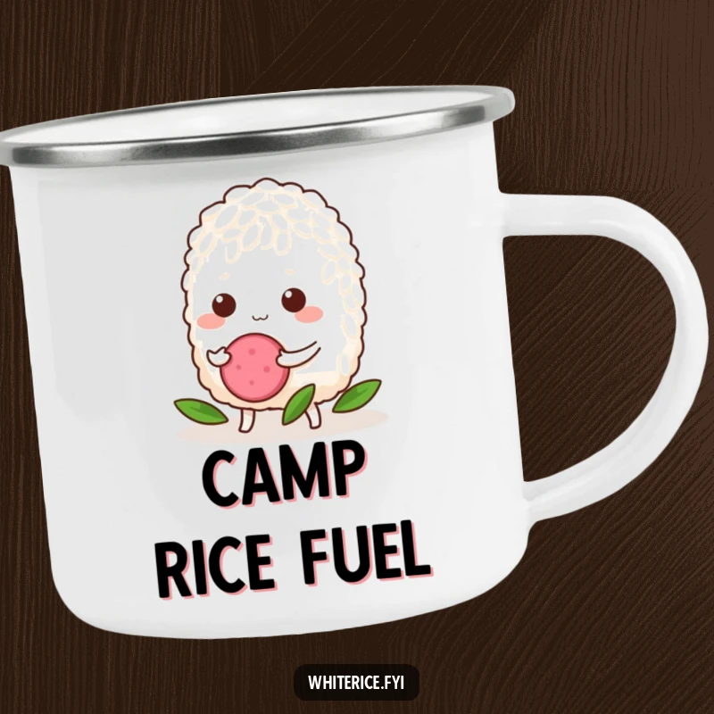 Funny Rice Camping Mug: A determined grain of rice pushing a radish slice, ready for camp coffee and humorous, motivational moments.
