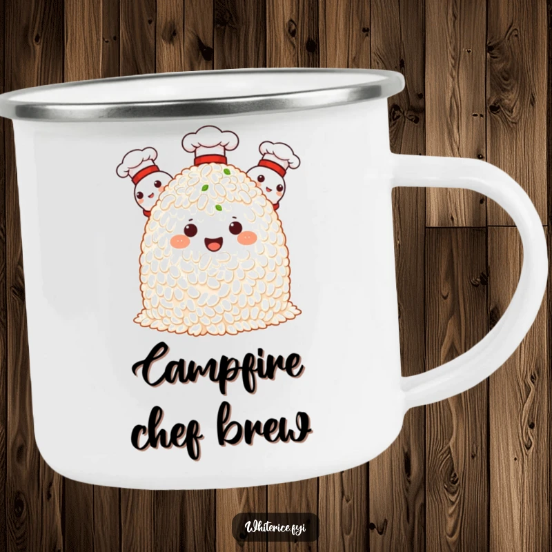 Funny camping mug with proud rice characters in chef hats, ready for culinary adventures in the great outdoors.