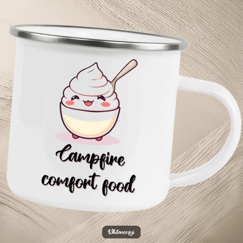 Funny kawaii rice pudding camping mug, character happily spooning itself, sturdy and amusing outdoor mug.